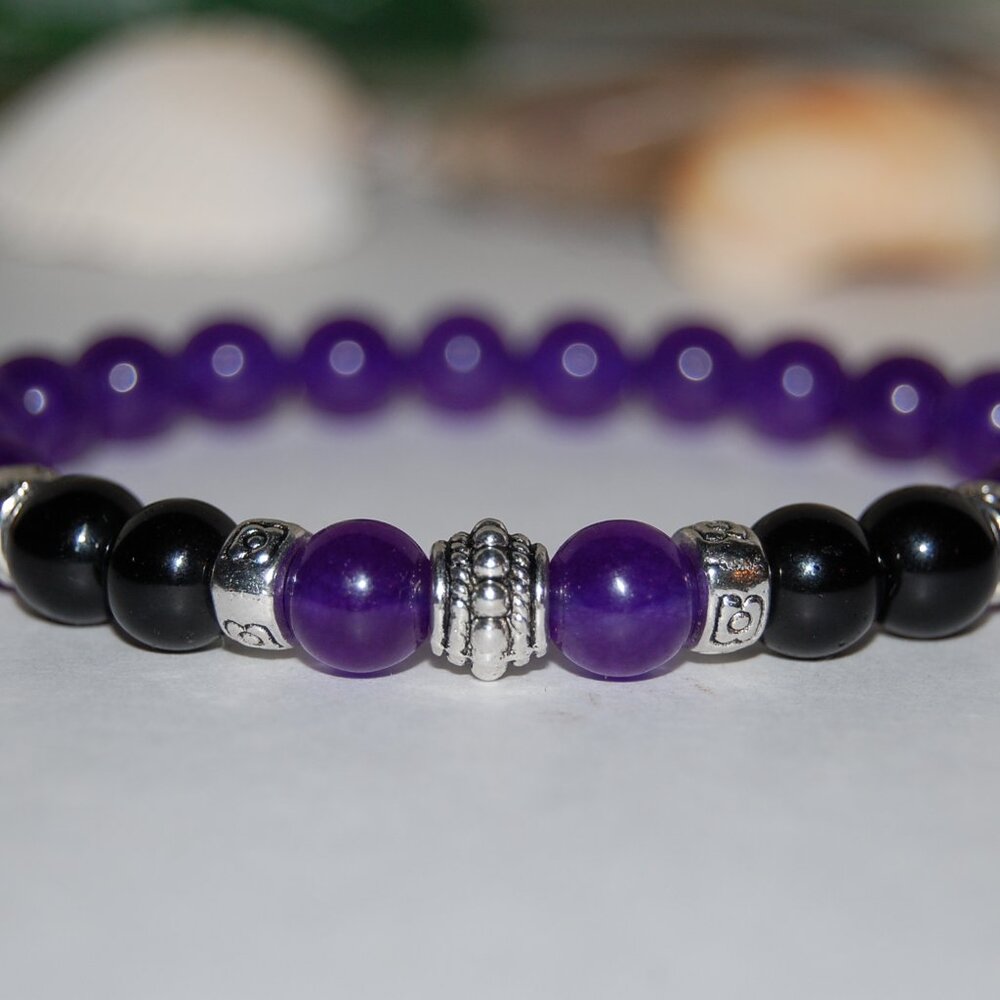 Purple Stone Bracelet,Romance Bracelet,Purple and Onyx Beads,Purple Bracelet